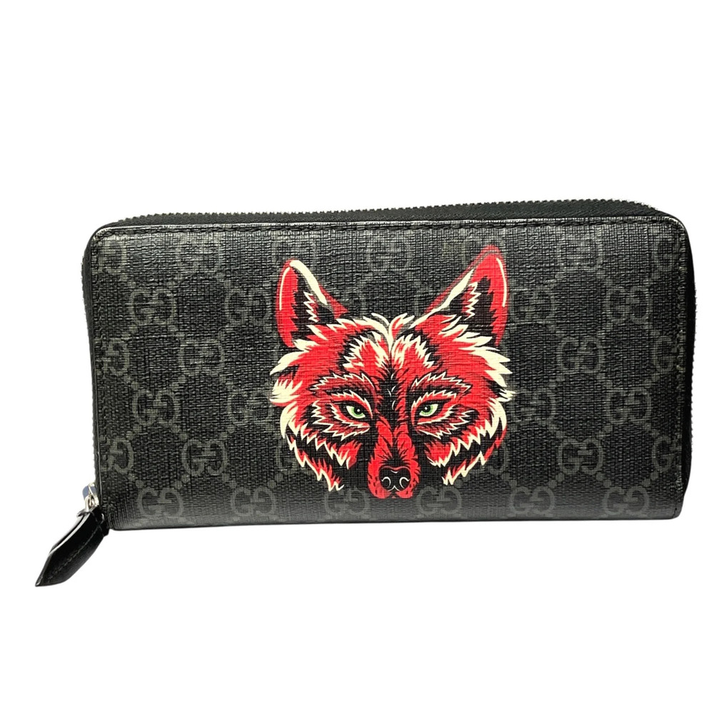Gucci Wolf Head Animal Print Round Zip Long Wallet GG Supreme Leather 451273